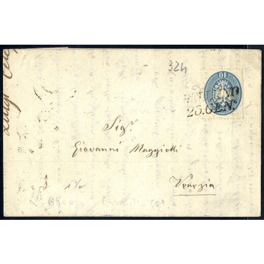 "BELLUNO / 23. GEN.°", annullo SI su 10 Soldi azzurro, quarta emissione, su lettera per Venezia (Sass. 39)