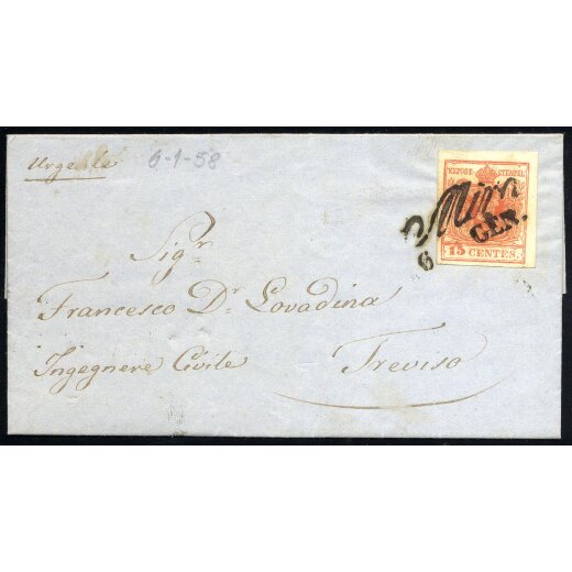 "Mira / 6 GEN.", annullo corsivo su 15 Cent. su lettera per Treviso (Sass. 20 - 4P.)