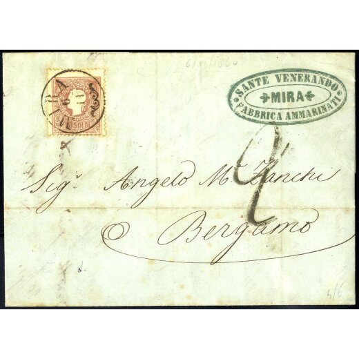 "MIRA 6 / 11", annullo CO su 10 Soldi bruno su lettera del 6.11.1860 affrancata fino al confine per Bergamo, tassa "2" sul fronte (Sass. 31 - 3P.)