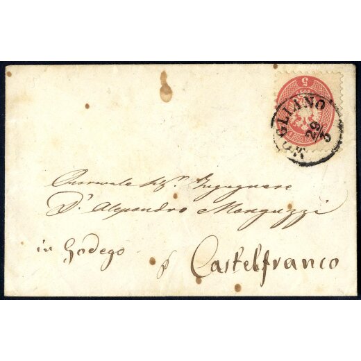 "MOGLIANO 29 / 3", annullo C1 su 5 Soldi rosa su lettera per Castelfranco (Sass. 43 - 5P.)