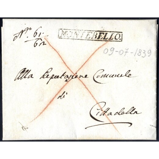 "MONTEBELLO.", annullo in cartella su lettera del 9.7.1839 per Cittadella, non comuene (Vollmeier 10 P.)