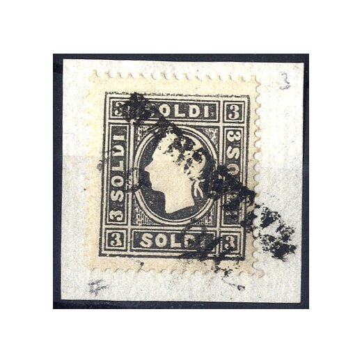 1859, 3 Soldi nero, splendido esemplare su frammento con annullo di Marostica (Sass. 29)