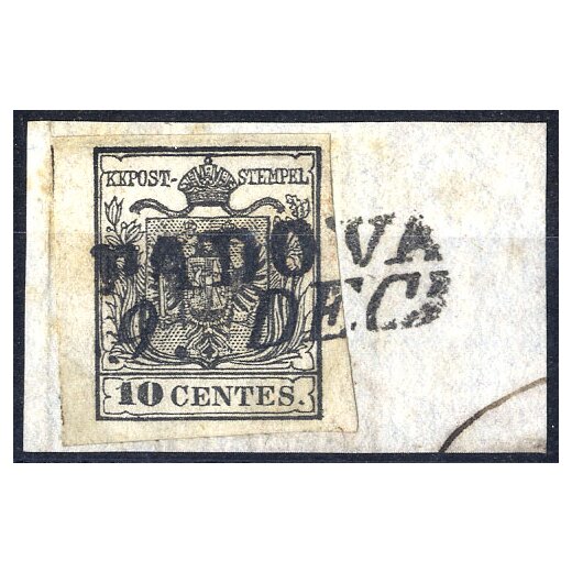 1850, 10 Cent. nero, carta a mano, su frammento da Padova (Sass. 2)