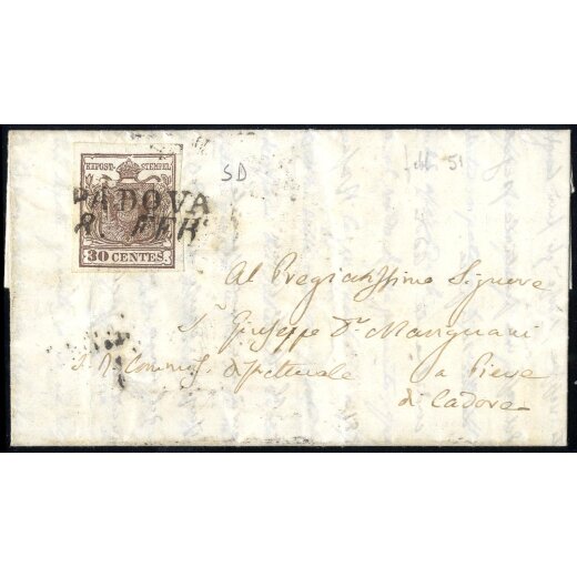 1850, 30 Cent. bruno su lettera da Padova 8.2.1851 per Pieve di Cadore (Sass. 7 - 160,-)