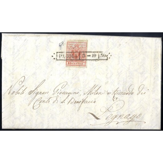"PADOVA / 3 - 10 / 50", annullo R50 su 15 Cent. rosso, prima tiratura (a filo a sinistra), su lettera per Legnago (Sass. 3a- 5P.)