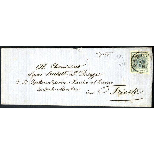 1850, 45 Cent. azzurro ardesia su lettera da Padova 23.8.1854 per Trieste (Sass. 11)