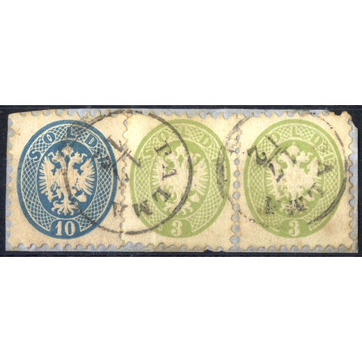 "PALMA 17 / 12", due annulli C1 su due esemplari 3 Soldi verde + 10 Soldi azzurro su frammento (Sass. 42+42+44)