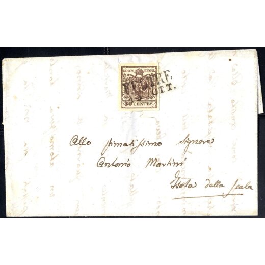 "FELTRE / 13 OTT.", annullo SD su 30 Cent. bruno scuro su lettera per Isola della Scala (Sass. 7d - 3P.)