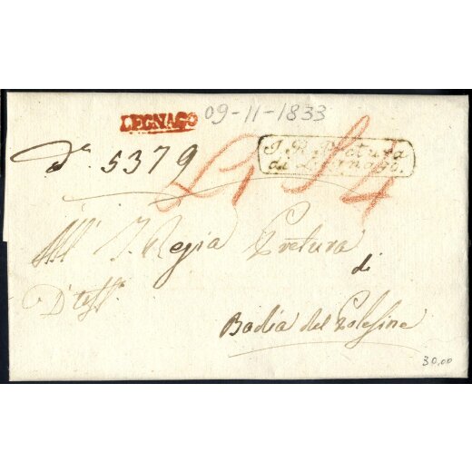 "LEGNAGO", annullo in rosso su lettera del 9.11.1833 per Badia (Vollmeier 2A)