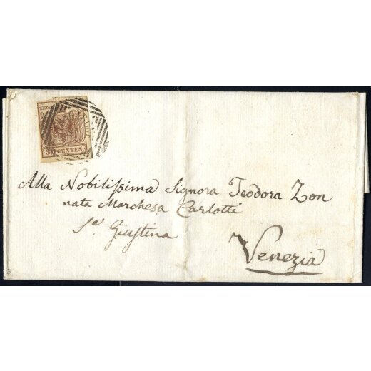 "LONGARONE 6 / 1", annullo LOV su 30 Cent. su lettera per Venezia (Sass. 21 - 4P.)