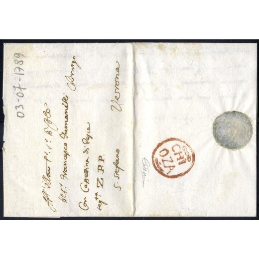 "Chioggia", lettera del 3.7.1789 per Verona con annullo ovale in rosso "CHI / OZA", firm. Cattani