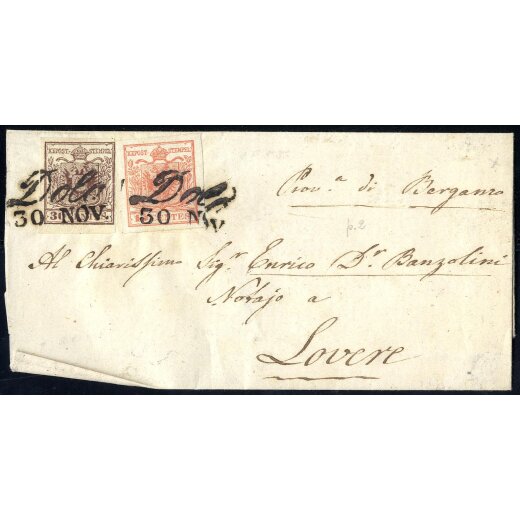 "Dolo / 30 NOV.", due annulli corsivi su 15 + 30 Cent. su gran parte di lettera per Lovere (Sass. 3P.)