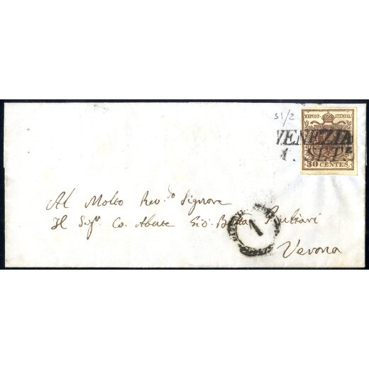 1850, 30 Cent. bruno rossastro scuro su lettera da Venezia 1.9. per Verona (Sass. 7f)