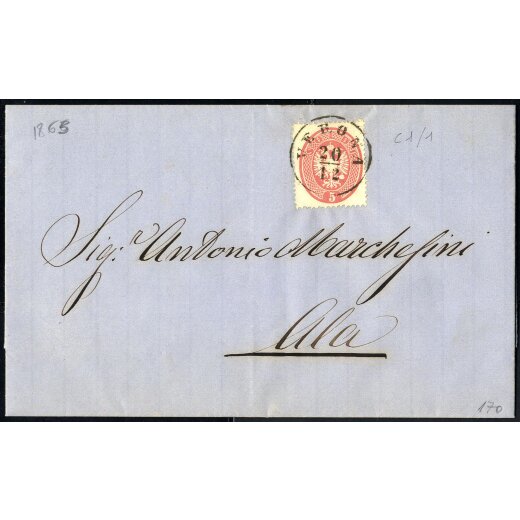 1863, 5 Soldi rosa su lettera da Verona per Ala, splendida (Sass. 38)