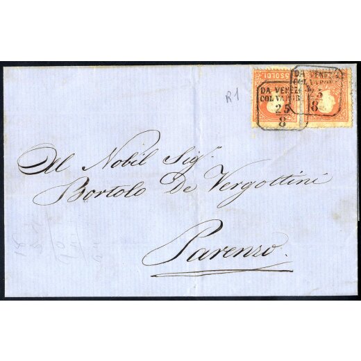 "Venezia", "DA VENEZIA / COL VAPORE 25 / 8", annullo ottagonale su due esemplari 5 Soldi su lettera per Parenzo (Sass. 30 - 4P.)