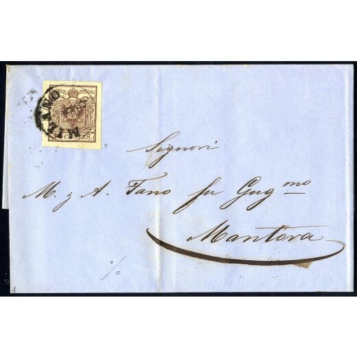 1850, 30 Cent. bruno lillaceo su lettera da Milano (Sass. 9 - ANK 4HIII)