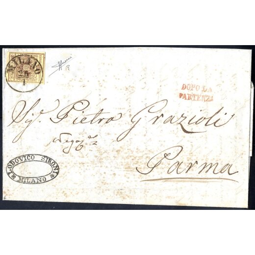1850, Lettera della seconda distanza per l estero da Milano 26.1.1856 per Parma affrancata con 30 Cent., annullo &quot;DOPO LA / PARTENZA&quot; in rosso sul fronte, firm. Sorani (Sass. 9)