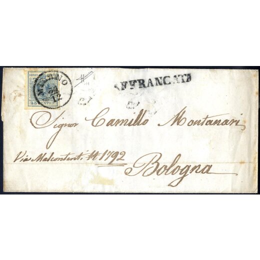 1850, Lettera della terza distanza per l estero da Milano per Bologna affrancata con Sass. 11, annullo &quot;AFFRANCATA&quot; sul fronte, firm. Sorani
