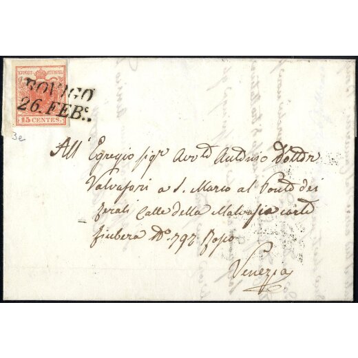 1850, 15 Cent. rosso vermiglio, primo tipo, su lettera da Rovigo (Sass. 3e - ANK 3HI)