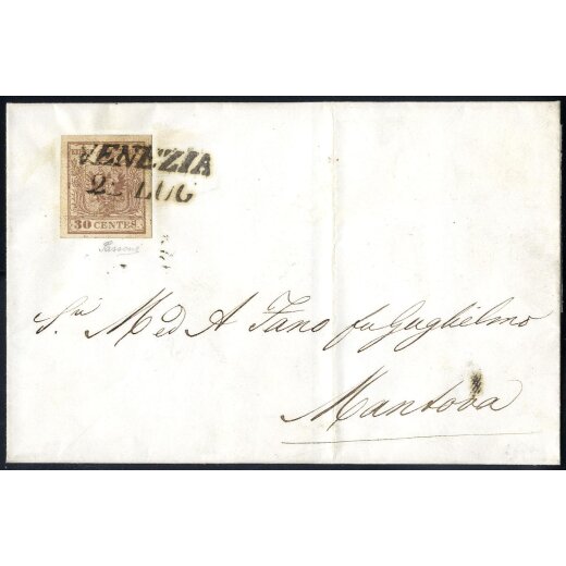 1854, 30 Cent. bruno, carta a macchina, su lettera da Venezia, firm. Sassone (Sass. 21 - ANK 4MIII)