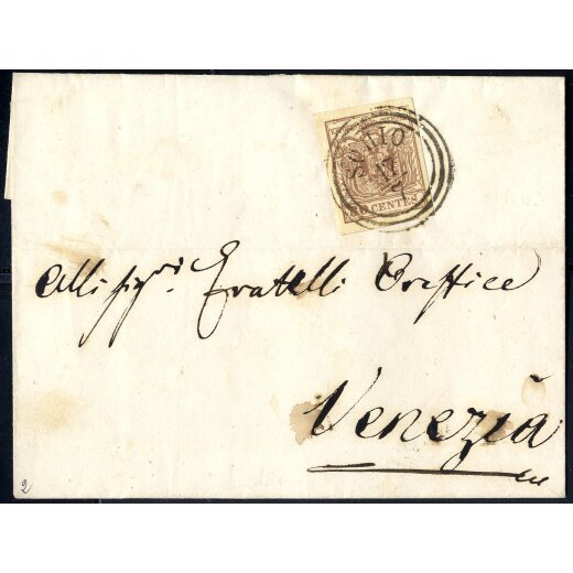 1854, 30 Cent. bruno, carta a macchina, su lettera da Schio (Sass. 21 - ANK 4MIII)