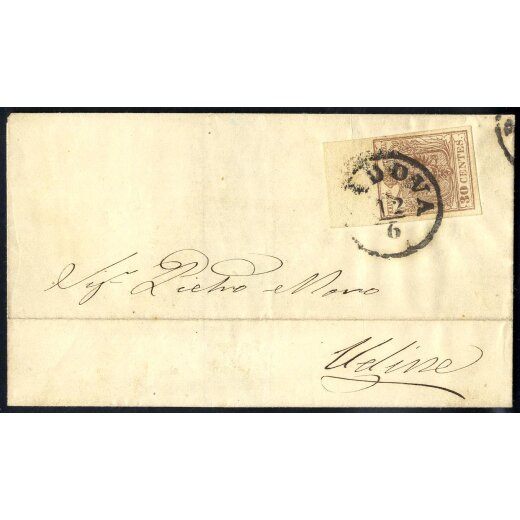 1854, 30 Cent., carta a macchina, bordo di foglio in alto, su lettera da Padova (Sass. 21 - ANK 4MIII)