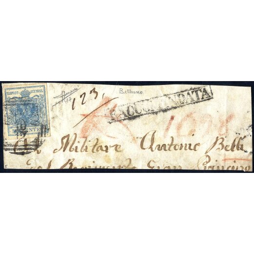 1851, &quot;Carta costolata&quot;, 45 Cent. azzurro su frammento raccomandato da Belluno, firm. Sorani (Sass. 17)