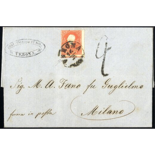 1859, 5 Soldi rosso, secondo tipo, principio di croce in basso su lettera da Verona per Milano, tassa "2" sul fronte (Sass. 30 - ANK 9II)