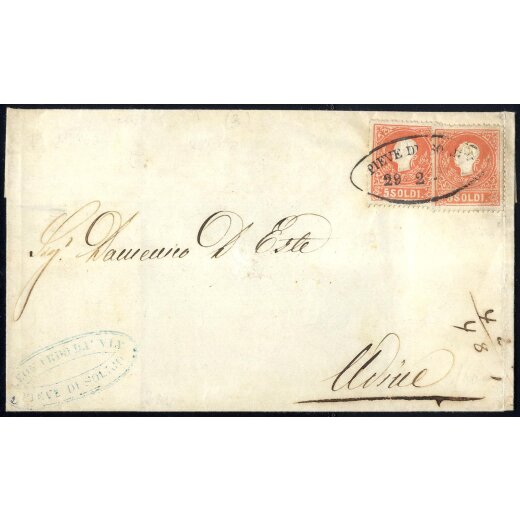 1859, 5 Soldi rosso, secondo tipo, due esemplari su lettera da Pieve di Soligo (Sass. 30 - ANK 9II)