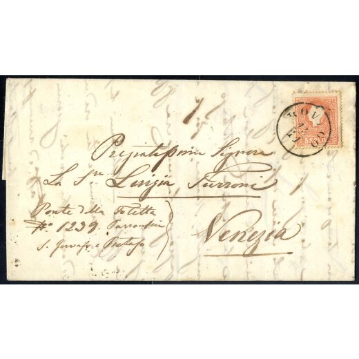 1858, 5 Soldi rosso primo tipo, su lettera da Rovigo il 14.11., per Venezia, (Sass. 25 - ANK 9I)