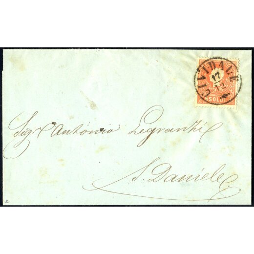 1858, 5 Soldi rosso primo tipo, su lettera da Cividale il 17.12., per S. Daniele, (Sass. 25 - ANK 9I)