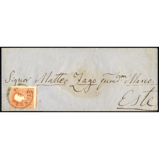 1858, 5 Soldi rosso primo tipo, su lettera da Vicenza il 6.5., per Este, (Sass. 25 - ANK 9I)