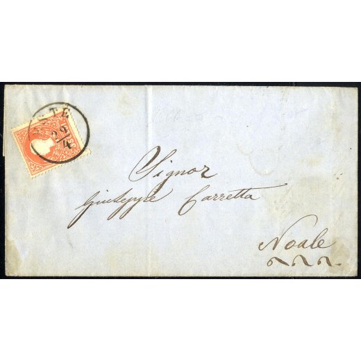 1858, 5 Soldi rosso primo tipo, su lettera da Este il 29.4., per Novale, (Sass. 25 - ANK 9I)