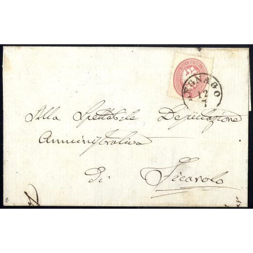 1863, 5 Soldi rosa, su lettera da Legnago il 12.7., per Ficarolo, (Sass. 38- ANK 16)