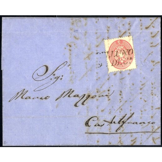 1863, 5 Soldi rosa, su lettera da Belluno il 9.12., per Castelfranco, (Sass. 38- ANK 16)