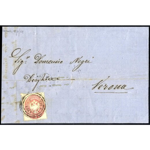 1863, 5 Soldi rosa, su lettera da Villafranca il 29.10., per Verona, (Sass. 38- ANK 16)