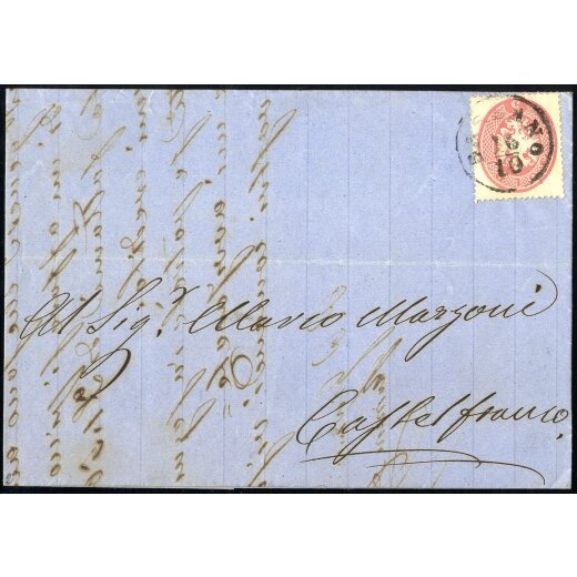 1863, 5 Soldi rosa, su lettera da Bassano il 16.10., per Castelfranco, (Sass. 38- ANK 16)