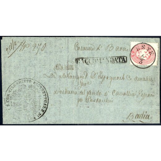 1863, 5 Soldi rosa, su lettera raccomandata da Este il 6.3., per Badia, sul retro manca il 10 Soldi della raccomandata (Sass. 38- ANK 16)