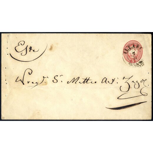 1863, Intero postale 5 Soldi, formato piccolo senza filigrana, da Illasi il 7.5. per Este, (Sass. IP18)