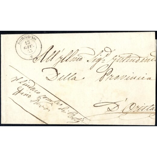 "Sorgono" bollo d.c.rosetta in nero su lettera del 13.6.55 per Oristano (Punti 11)
