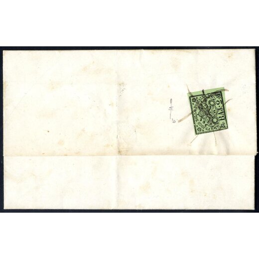 1852, 2 Baj., verde giallastro sul verso di lettera da Orvieto 18.7.1857 per Pazzano, francobollo annullato con tratti a penna, firm. Sottoriva (Sass. 3a)