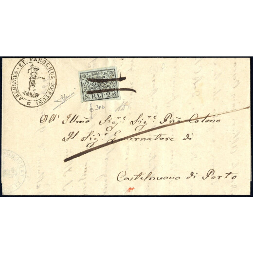 1852, 2 Baj., grigio azzurrastro, isolato sul fronte di lettera da Nettuno 14.1.1867 per Castelnuovo di Porto, francobollo annullato con tratti a penna, firm. A. Diena, Sorani e Sottoriva (Sass. 3Ab)