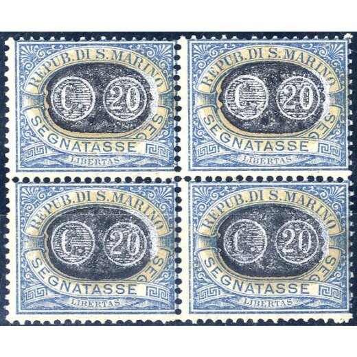 1931, Segnatasse, Mascherine, 20 Cent. su 5 Cent. azzurro, filigrana "Corona" pi? piena filigrana "lettere" nell ultimo valore, gomma integra, raro blocco, cert. Caffaz (Sass. 35)