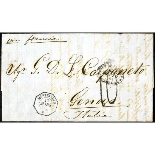 1862, Lettera in porto assegnato da Montevideo 17.3.1862 via Francia per Genova, tassa "10" sul fronte