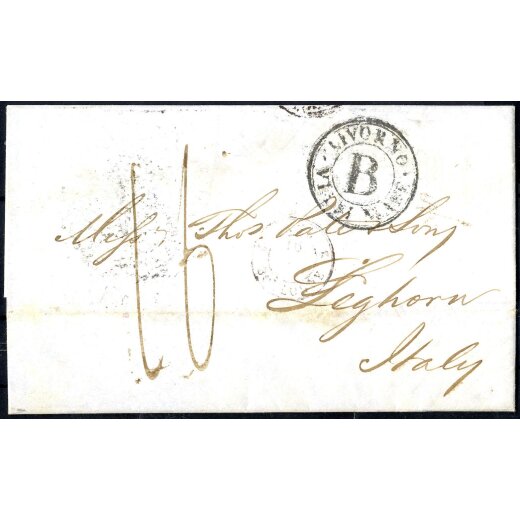 1847, Incoming Mail, lettera in porto assegnato da New York31.5.1847 via Inghilterra per Livorno, tassa "16" sul fronte