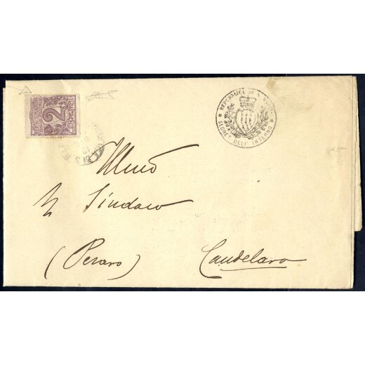 1903, Stampa del 12.12.1909 per Candelaro affrancata con 2 Cent. violetto bruno con vistoso difetto di stampa in alto a destra (piccolo strappo in basso prima dell applicazione), firmata (Sass. 93)