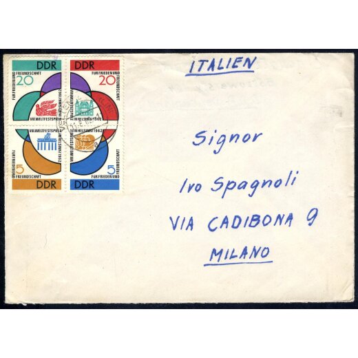 1962, Weltfestspiele der Jugend, Viererblock auf Brief von Velten am 11.8 nach Mailand