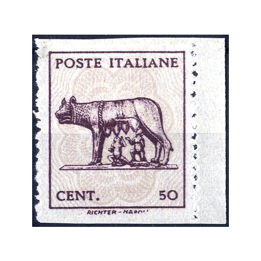 1944, Lupa, 50 Cent. lilla e grigio lilla con variet? "non dentellato orizzontalmente", bordo di foglio (Sass. 515As / 80,-)
