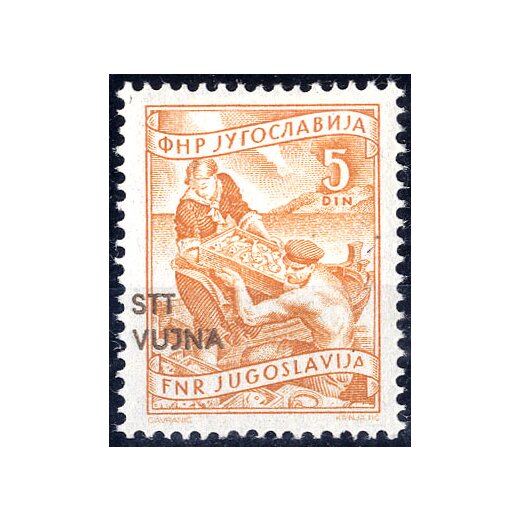 1953, 5 D. arancio con variet? "soprastampa fortemente spostata a sinistra", nuovo e molto fresco (Sass. 77d / 300,-)