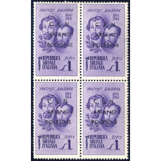 1944, Ariano Polesine, Fratelli Bandiera, 1 Lira violetto in quartina, gomma integra, cert. Chiacarello